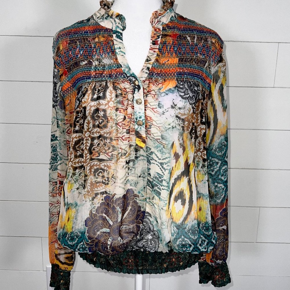 V Cristina Sheer Multicolor Long Sleeve Blouse with Smocking Size M